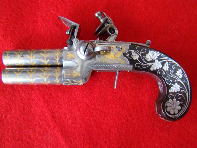 Possibly the FINEST pair of English Gold and Silver Inlaid Flintlock Over and Under Pocket Pistols on the market today! Circa 1800-1810. — image 3